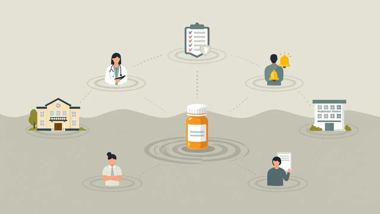 Ripple effect from a pill bottle spreading safety improvements across healthcare settings.