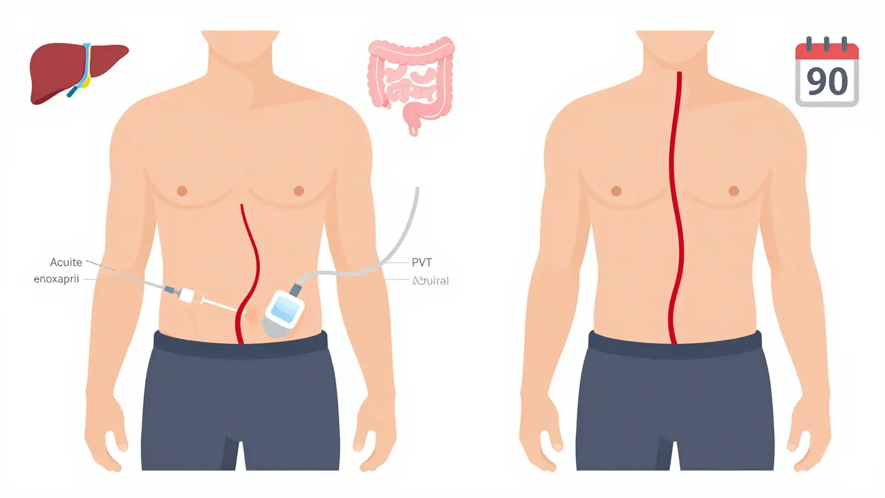 Side-by-side illustration of acute portal vein thrombosis before and after anticoagulation treatment with ultrasound.