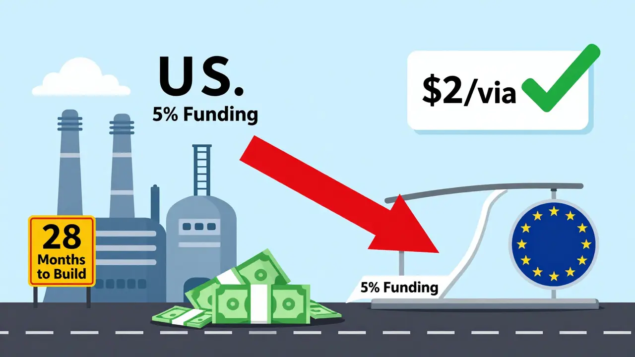 Split scene: slow U.S. drug plant vs. fast EU facility, with funding gap shown as broken scale.