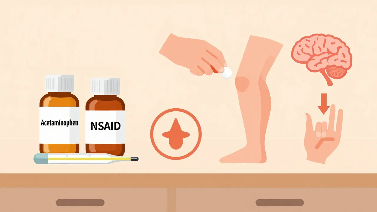Two medicine bottles on a counter with icons representing headache, swollen knee, and menstrual cramp, showing different treatment paths.