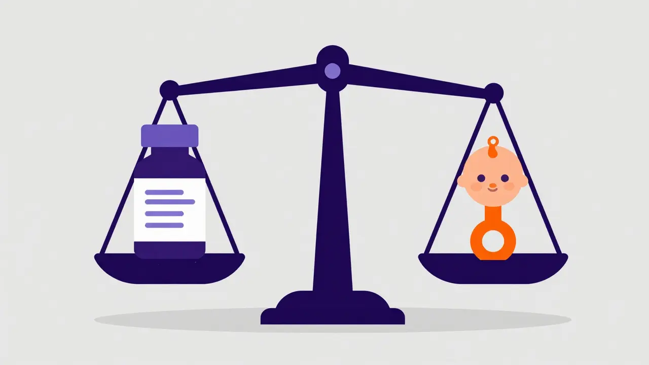 A balance scale weighing a medication bottle against a baby rattle.