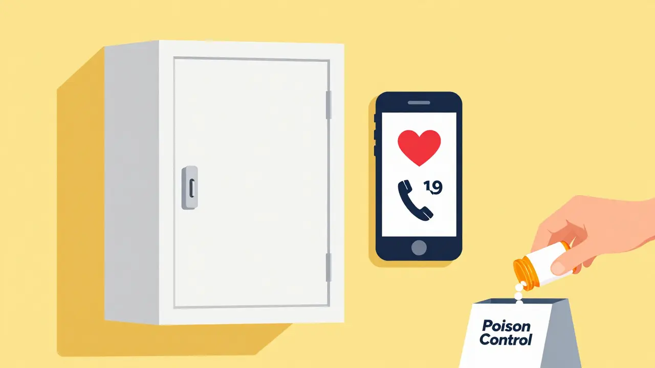 A locked high cabinet, a phone with emergency contacts, and a medicine take-back kiosk.