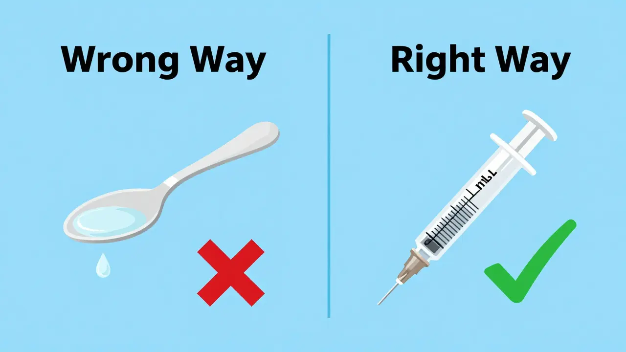 Comparison between a kitchen spoon and a medical dosing syringe in flat illustration style.