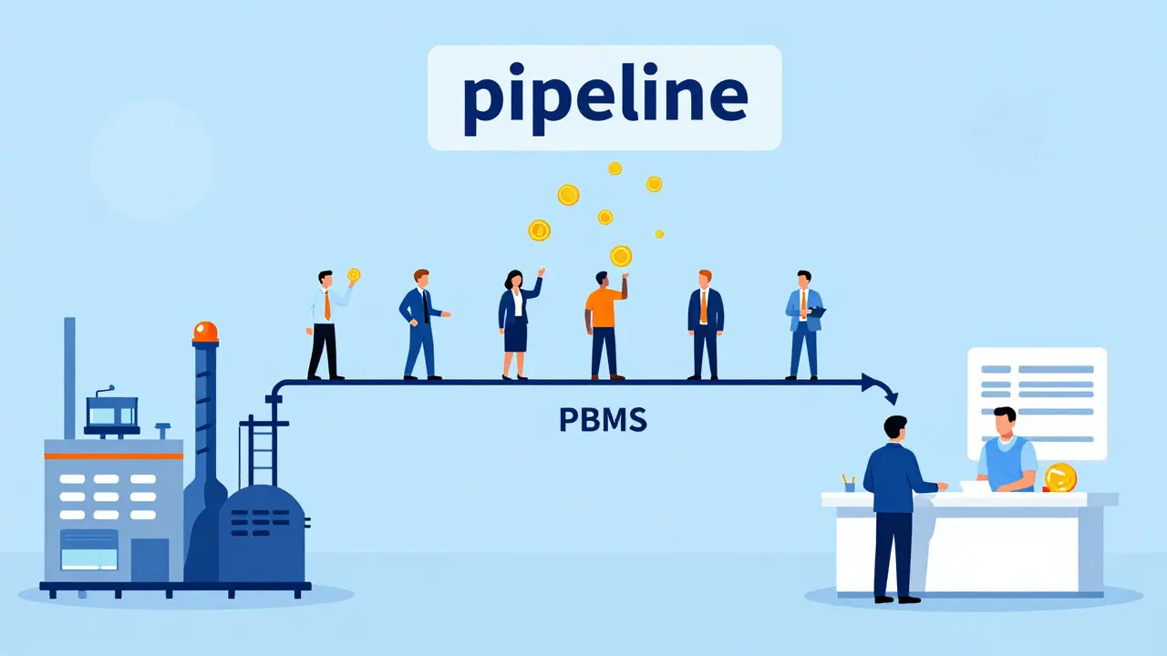 Conceptual illustration of PBM middlemen intercepting pharmaceutical profits.
