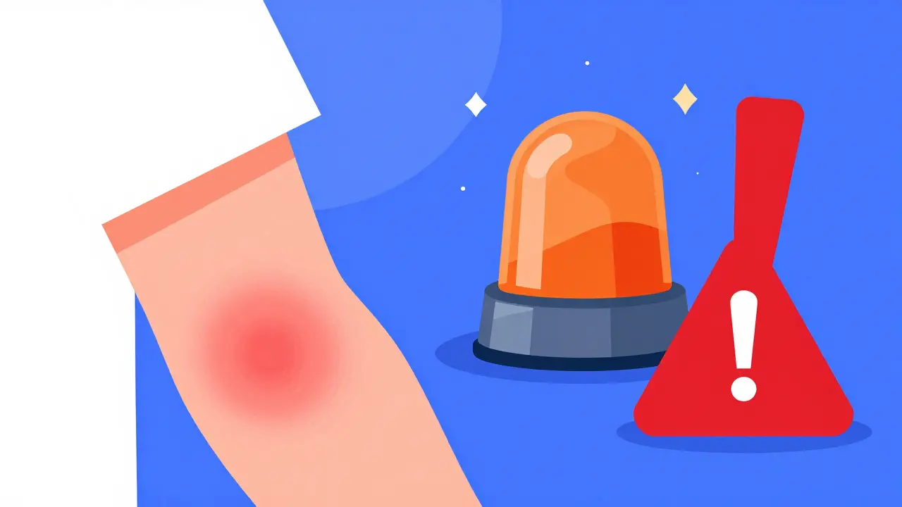 Flat illustration contrasting a mild skin rash with a red emergency warning symbol