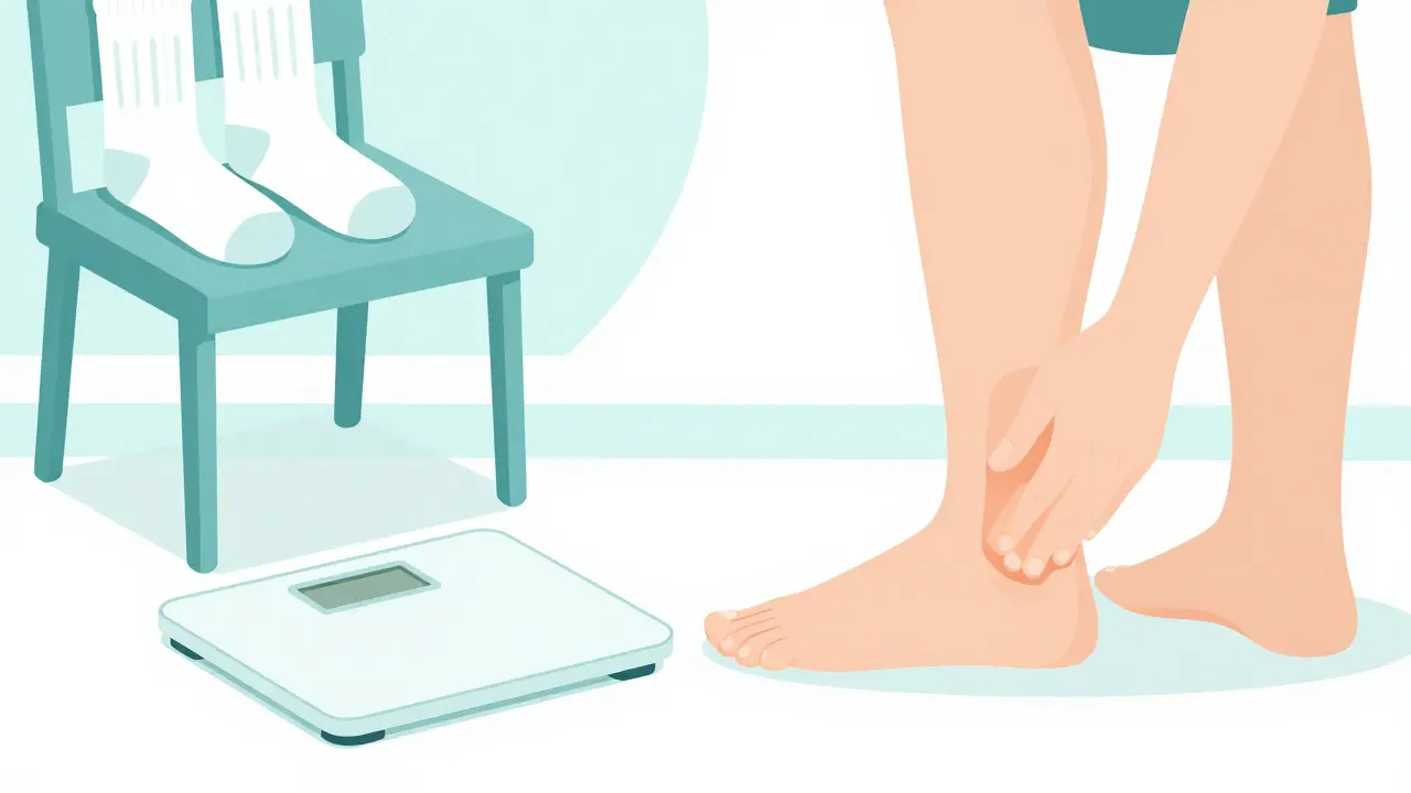 Flat illustration of a bathroom scale and a hand performing a pitting edema test on an ankle.