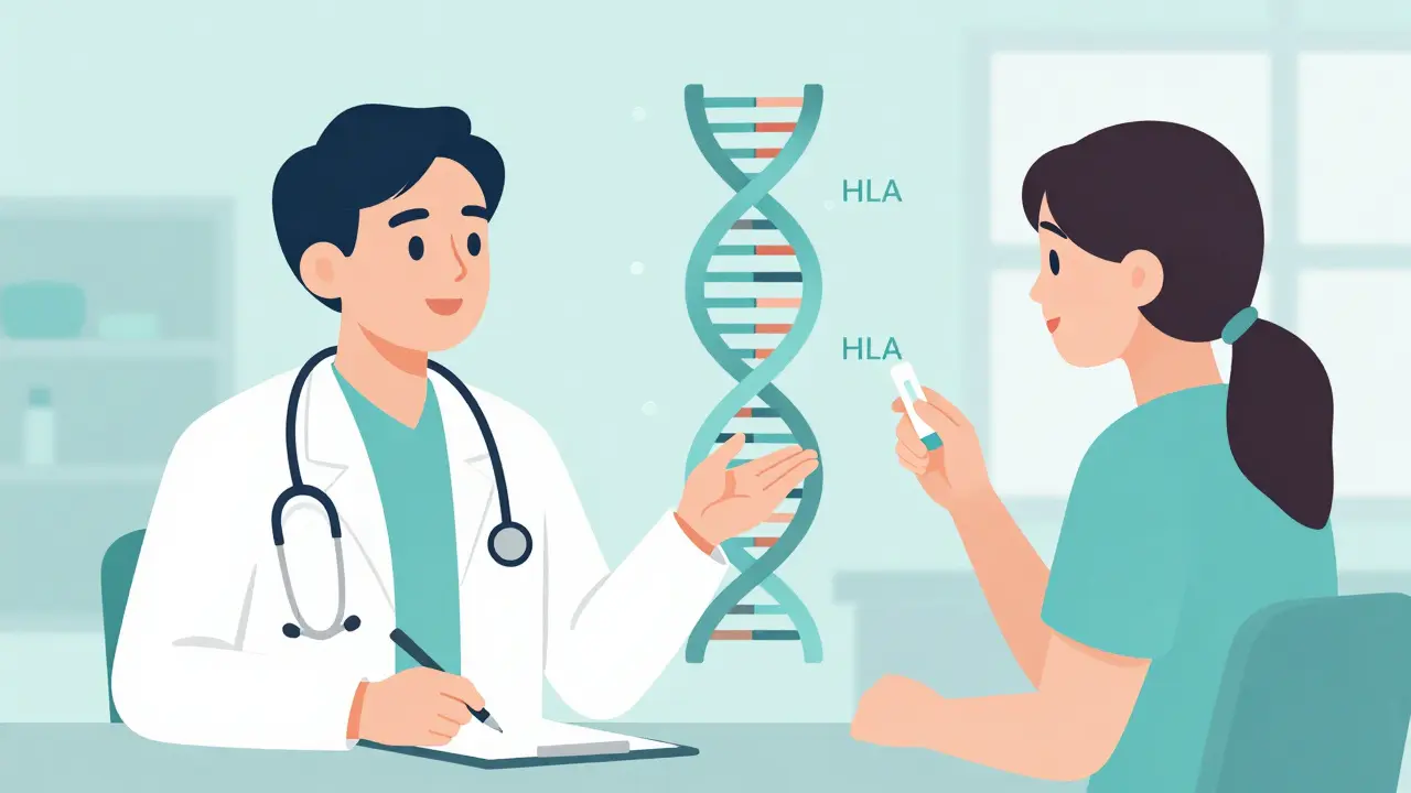 Flat illustration of a doctor and patient discussing genetic testing with a DNA helix