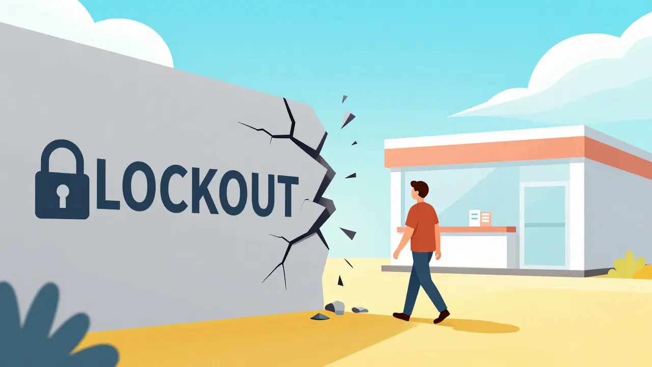 Flat illustration showing a padlock breaking to open a clear path to a pharmacy.