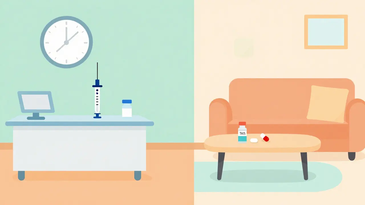 Flat illustration showing medical clinic injection and home-based oral medication.