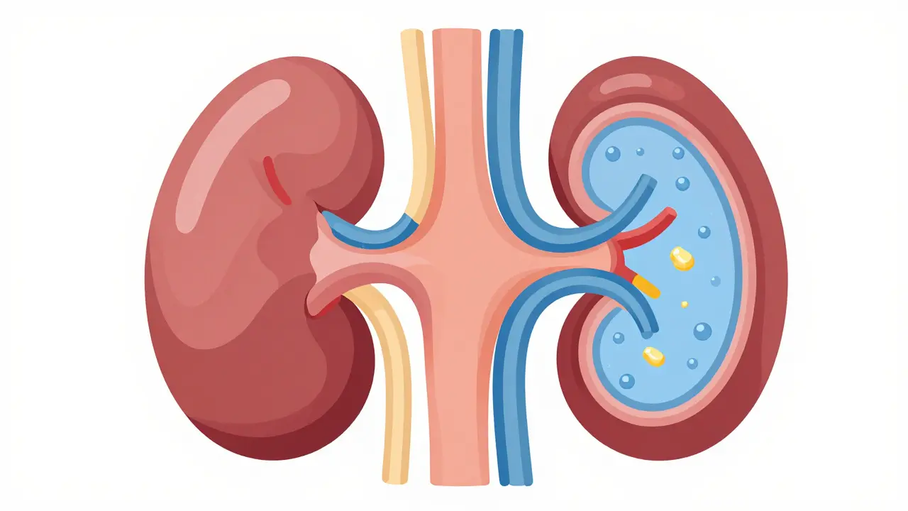 Flat illustration showing water and sodium reabsorption in the kidneys.