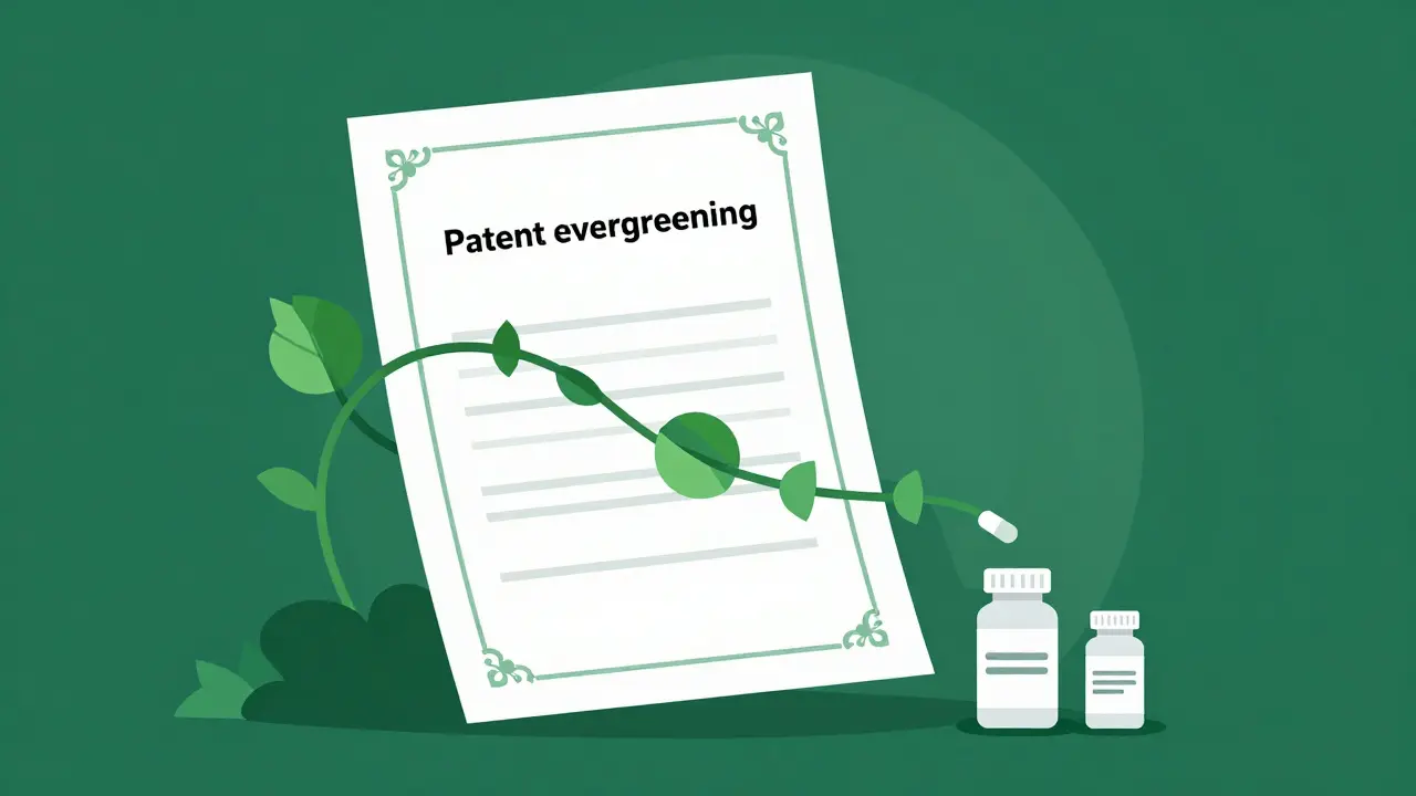 Illustration of a patent vine blocking generic drugs from reaching a patient.