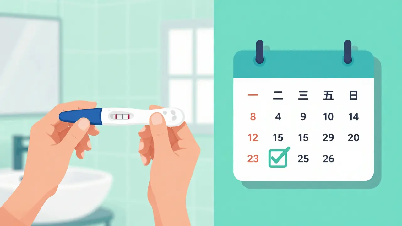 Illustration of a person performing a home pregnancy test next to a marked digital calendar.