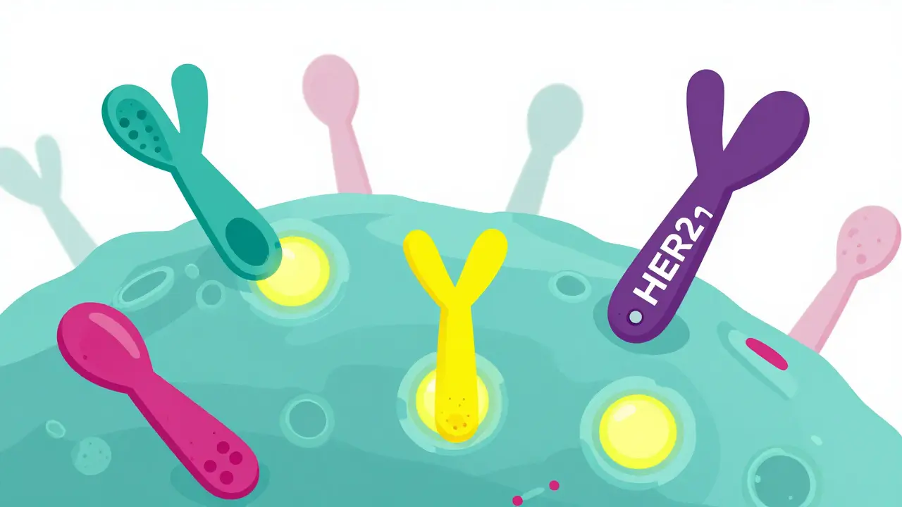 Illustration of Y-shaped antibodies targeting proteins on a cell surface.