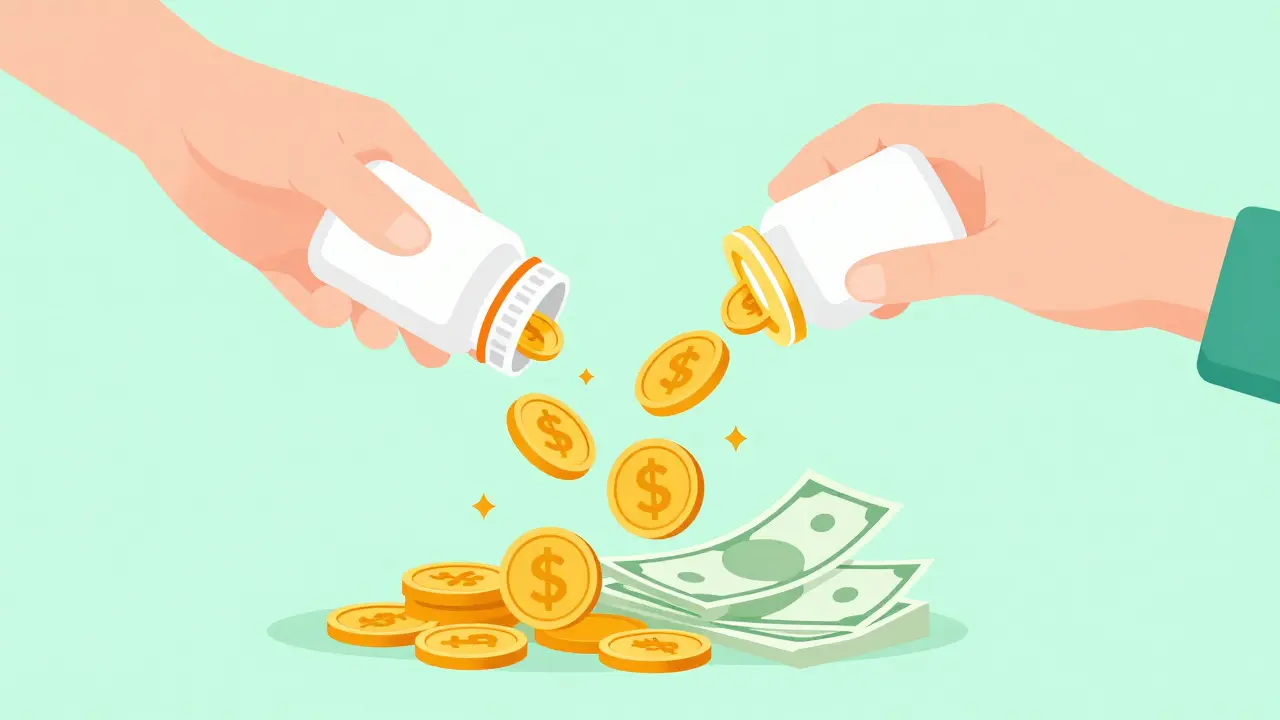 Illustration showing a generic medicine bottle with gold coins flowing out to represent cost savings