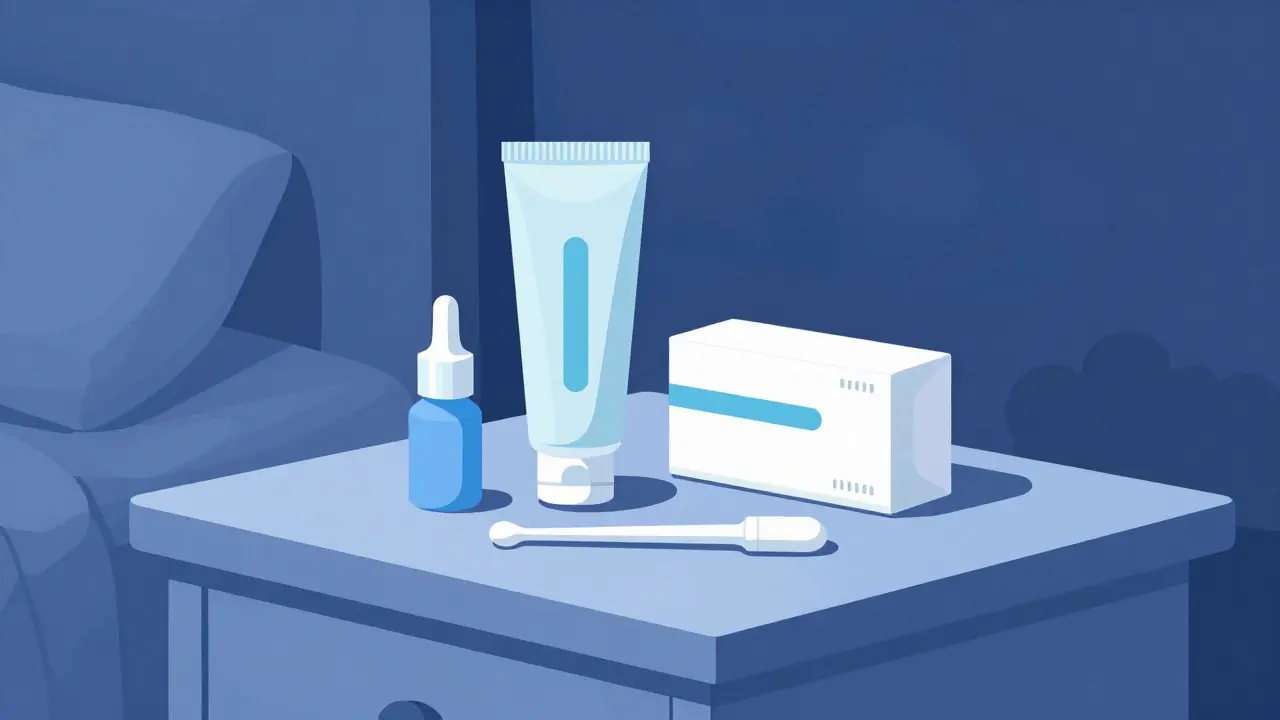 Nightstand with generic medicine tubes, flat illustration of OTC treatment routine