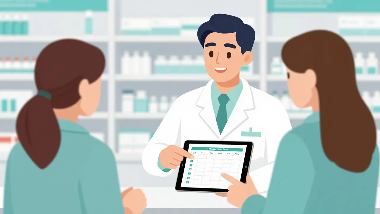 Pharmacist and patient discussing a medication switching plan and symptom tracking diary