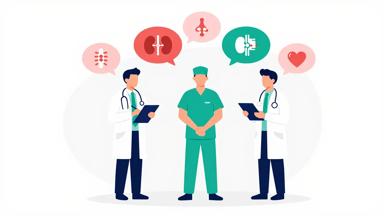 Three medical specialists collaborating to coordinate a patient's care.