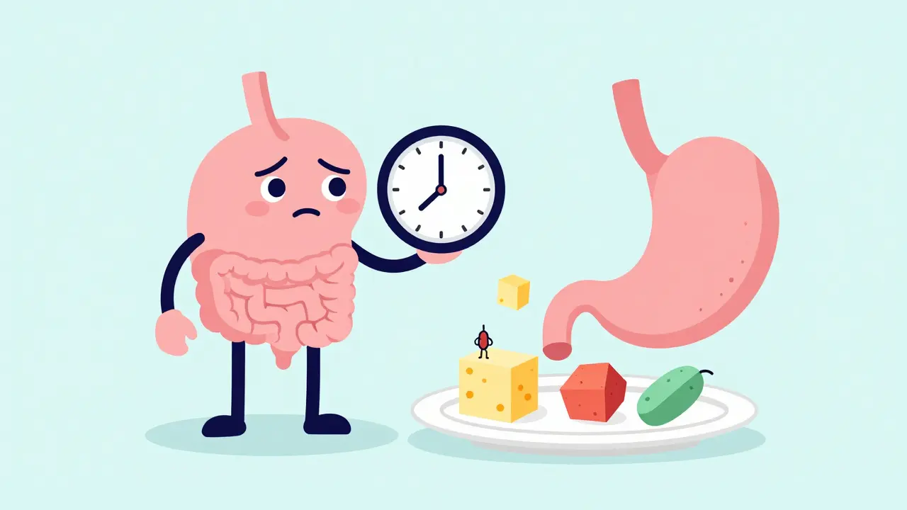 Cartoon stomach character checking a clock next to breaking down food molecules.