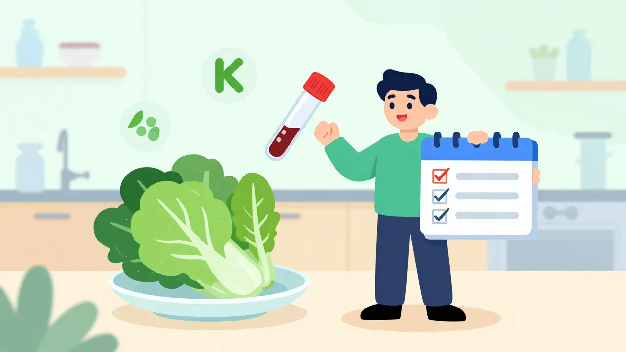 Character managing warfarin with diet and blood test icons