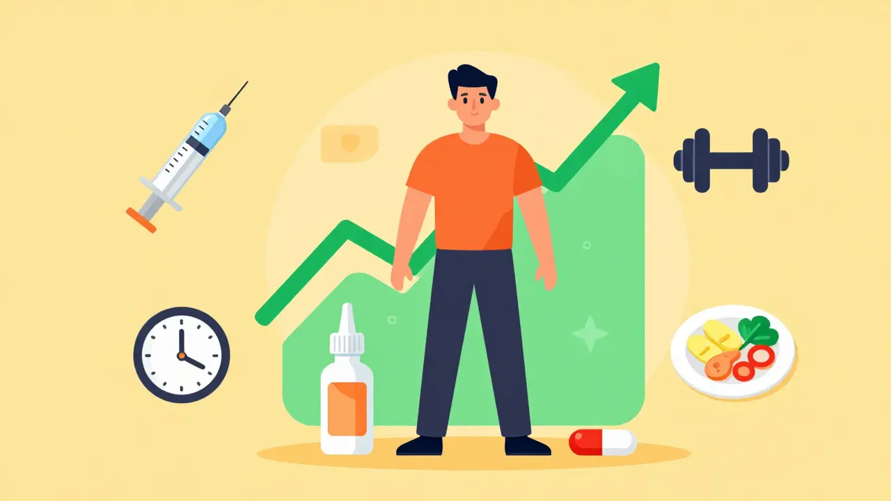 Confident man surrounded by icons for TRT treatments and healthy lifestyle