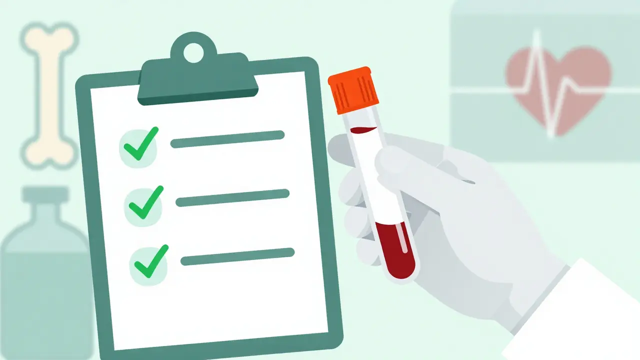 Doctor holding blood test tube next to clipboard with symptom checklist