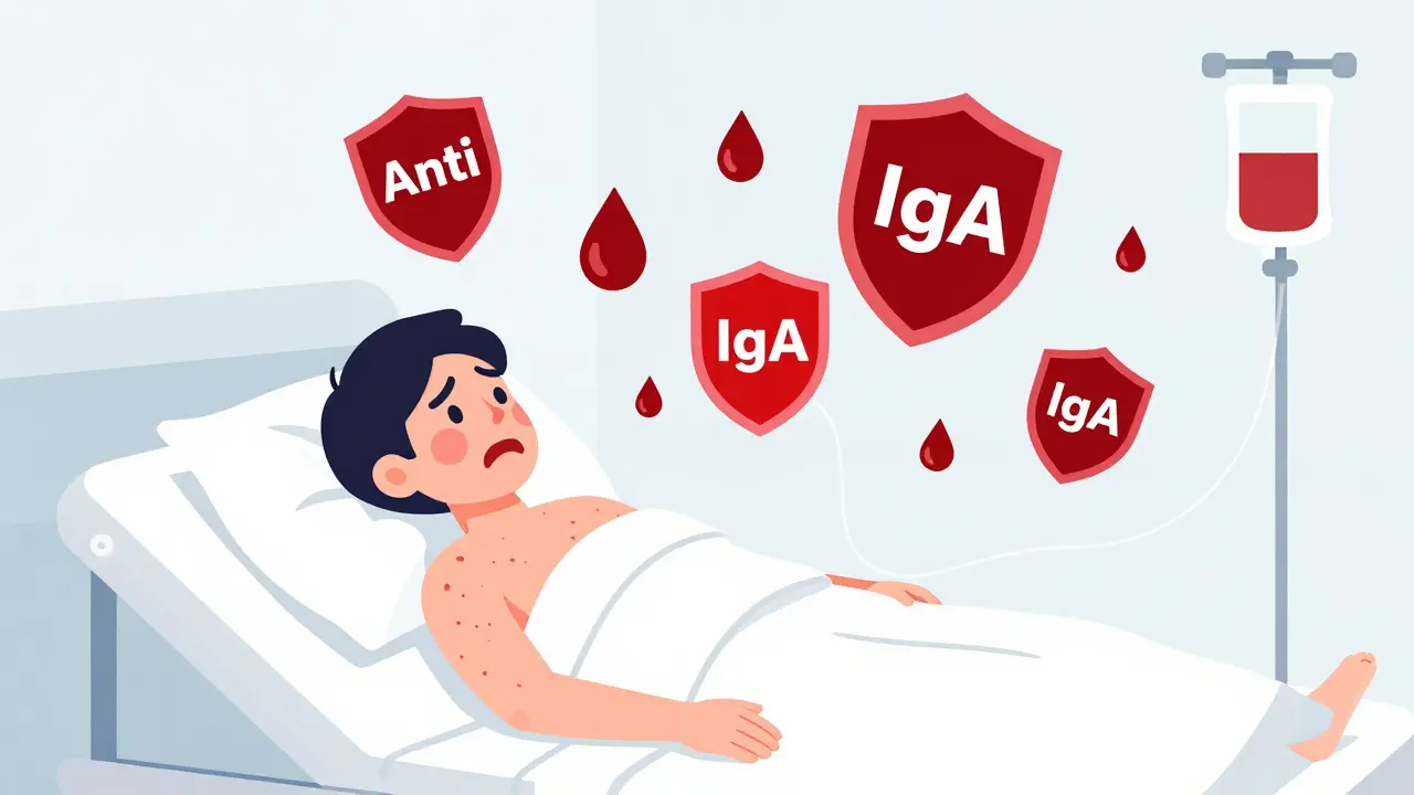 Flat illustration of a patient having a severe allergic reaction during a blood transfusion.