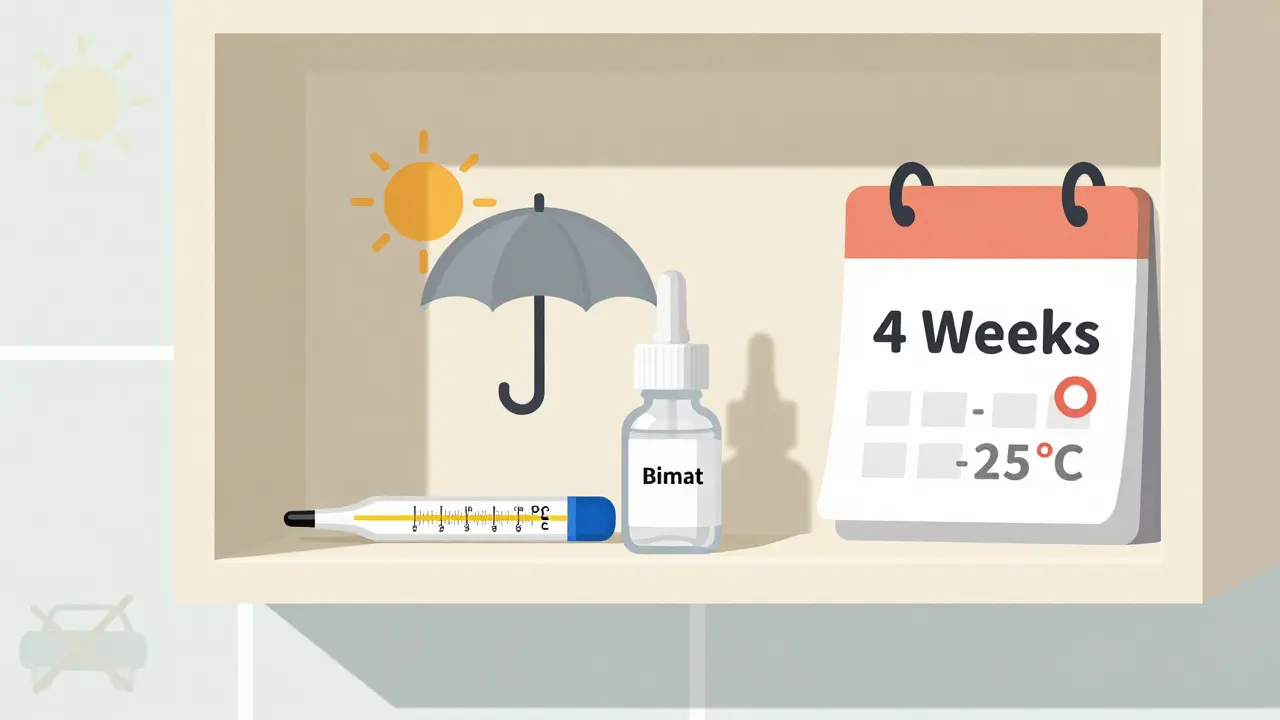 Flat illustration of Bimatoprost bottle stored correctly at room temperature away from sun.