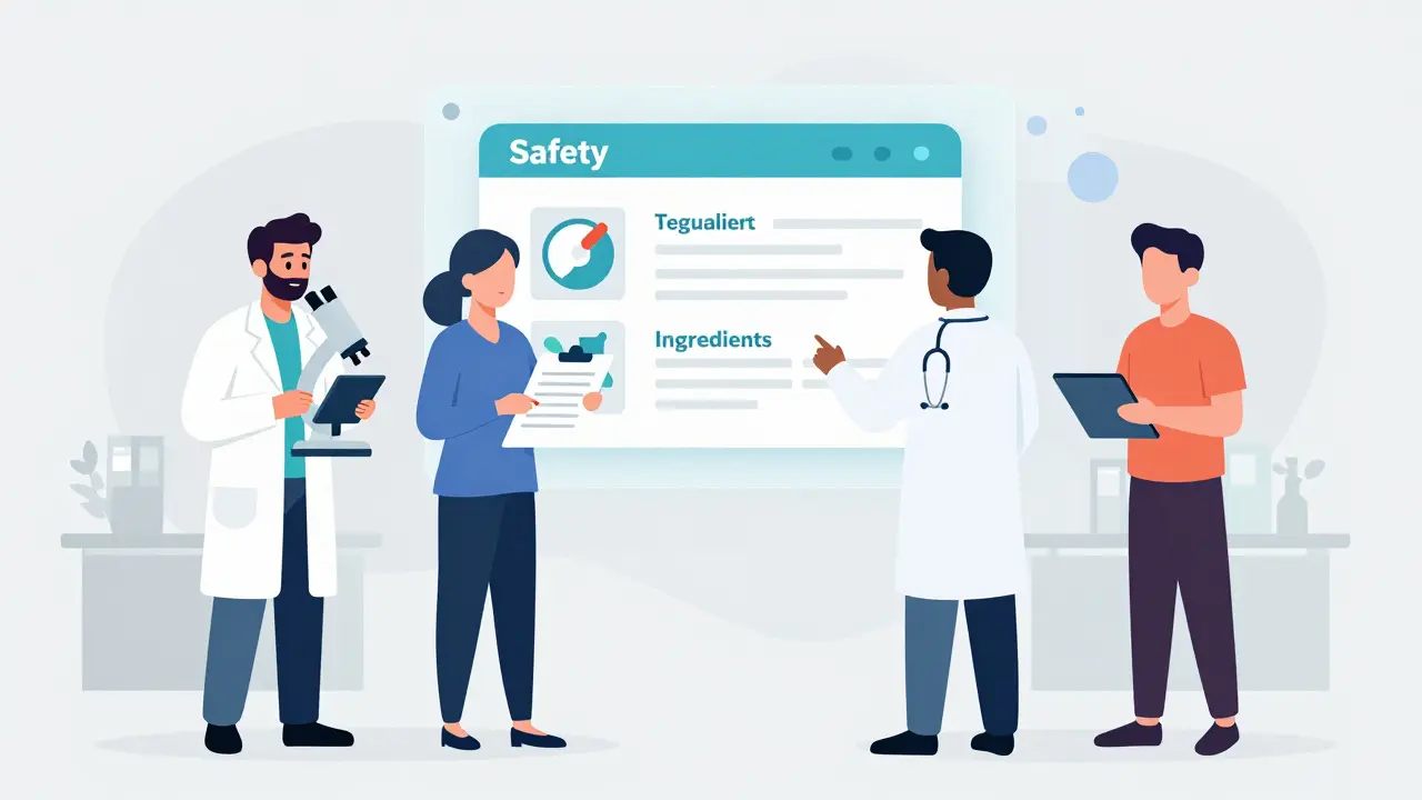 Four professionals collaborating using drug labeling database