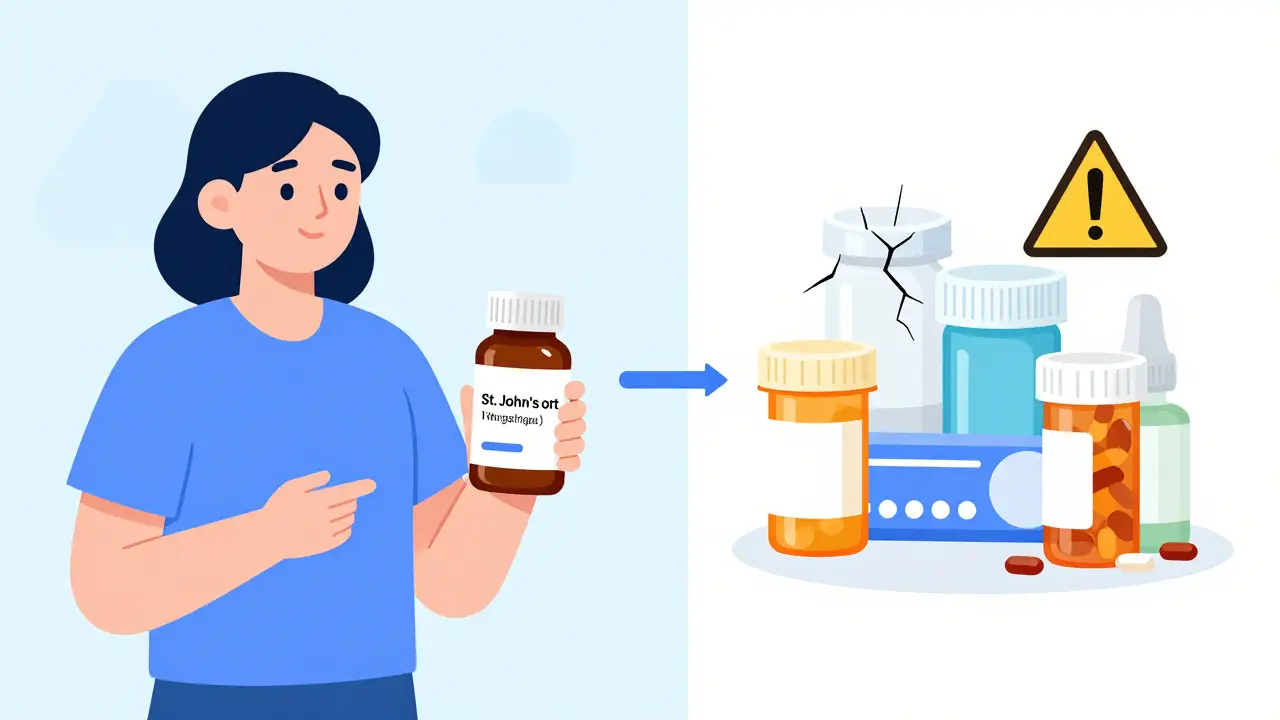 Graphic showing conflict between herbal supplements and prescription medications