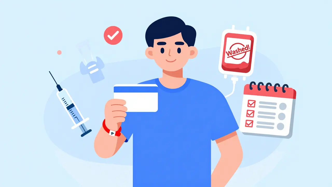Illustration of a patient carrying medical alerts and documentation for safe transfusions.