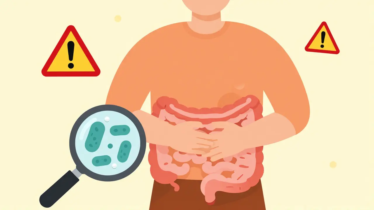 Illustration of bloating and bacteria growth warning about SIBO risks.