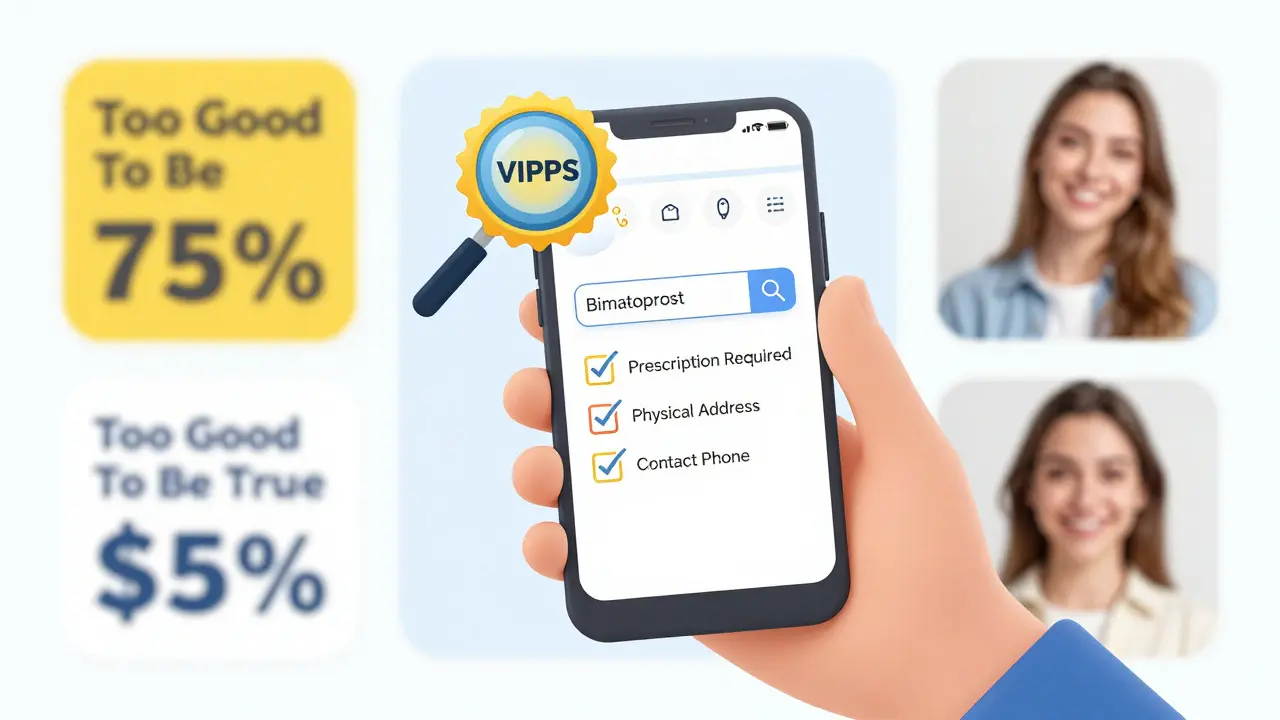 Illustration of checking online pharmacy credentials like VIPPS seals and prescriptions.