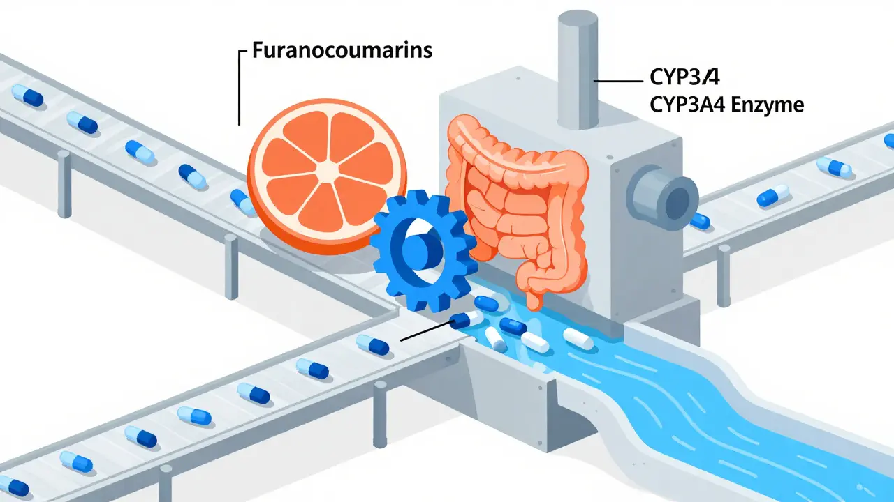 Illustration of fruit compounds blocking enzyme gears in the intestine