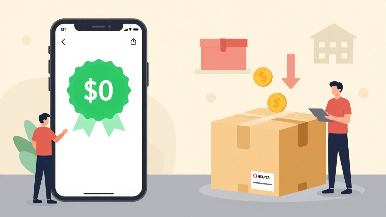 Illustration of online pharmacy coupons and delivery boxes saving money