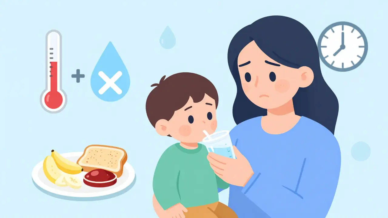 Parent giving fluids to child with illness