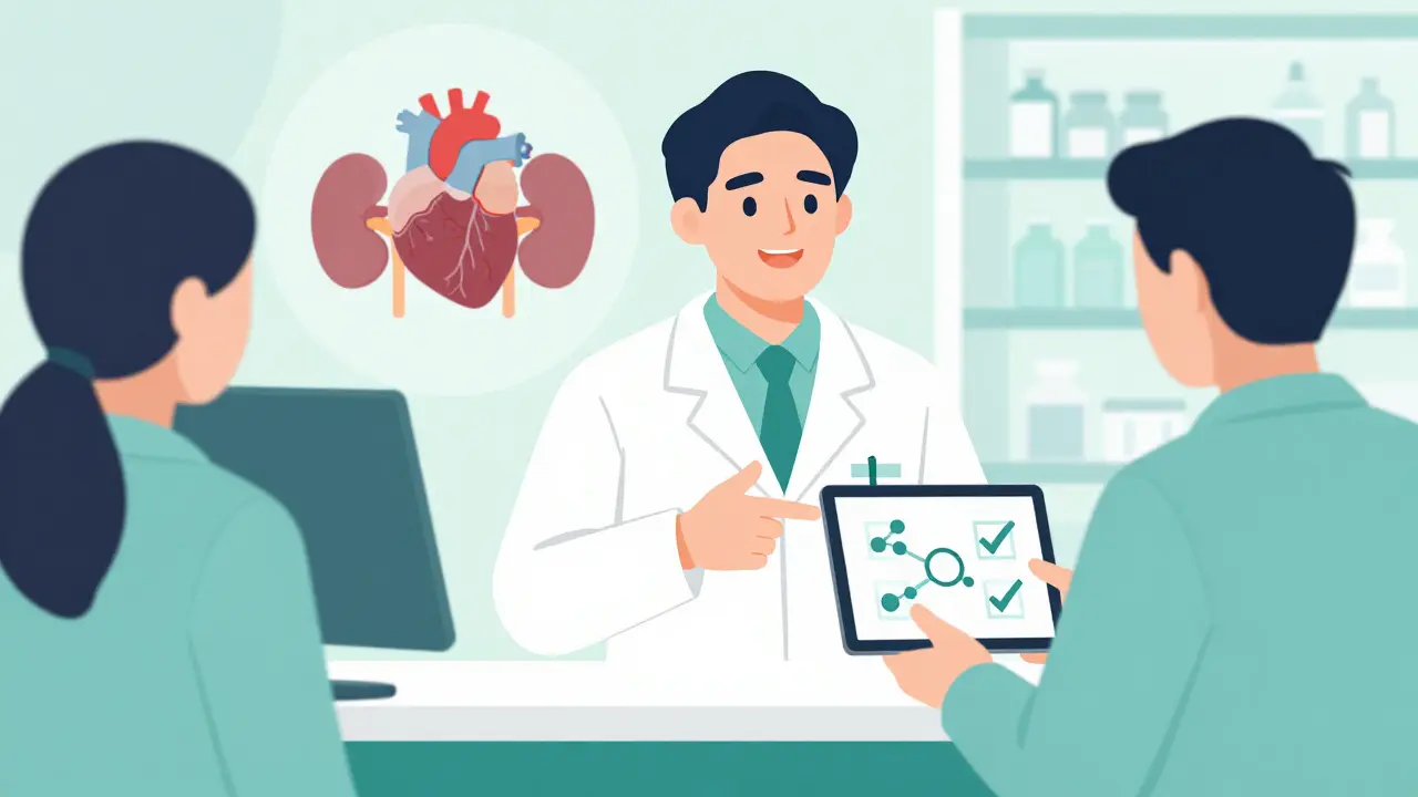 Pharmacist advising patient on safe drug interaction checks