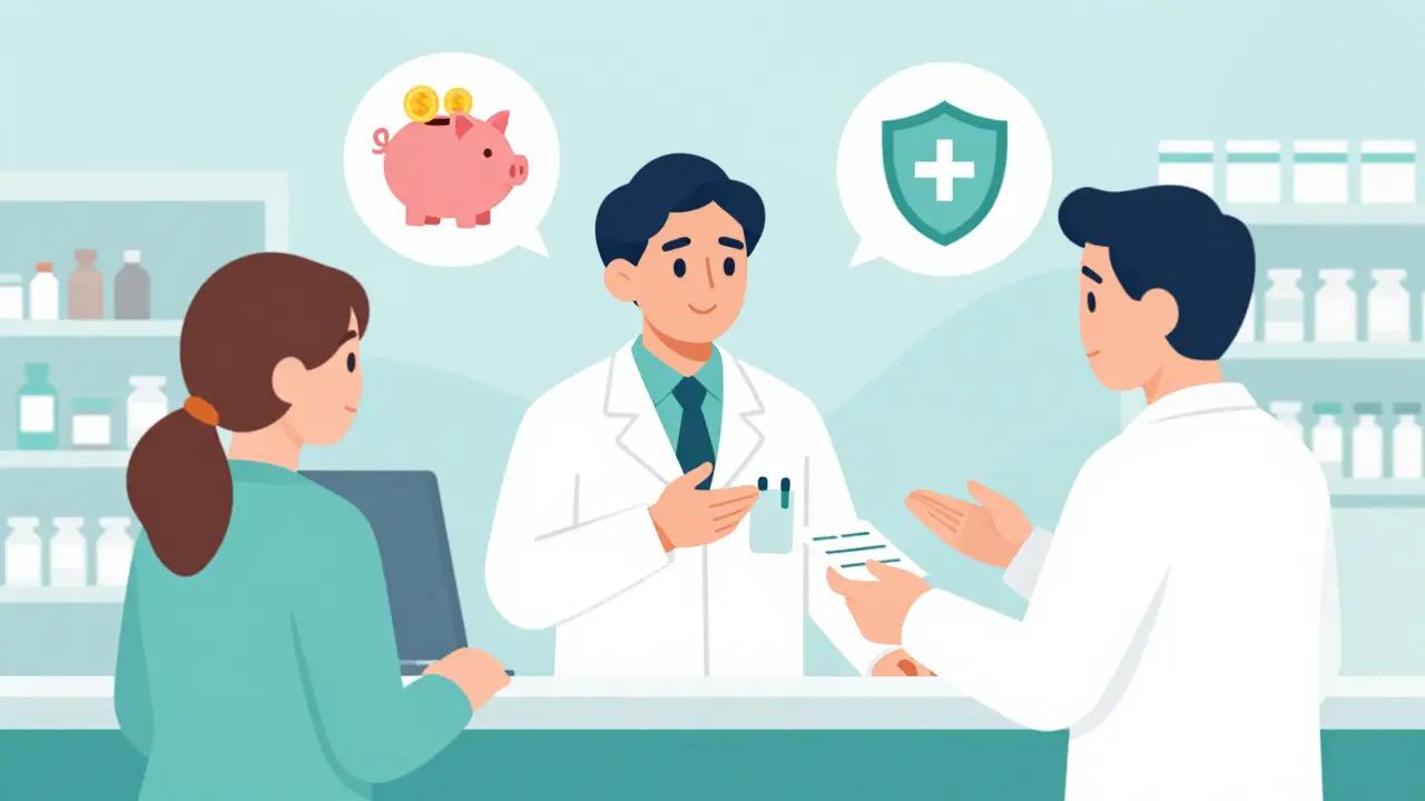 Pharmacist explaining generic benefits to a patient with cost icons.