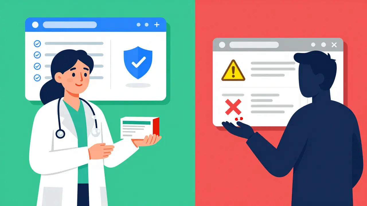 Safe vs unsafe online pharmacy comparison with shield and warning signs