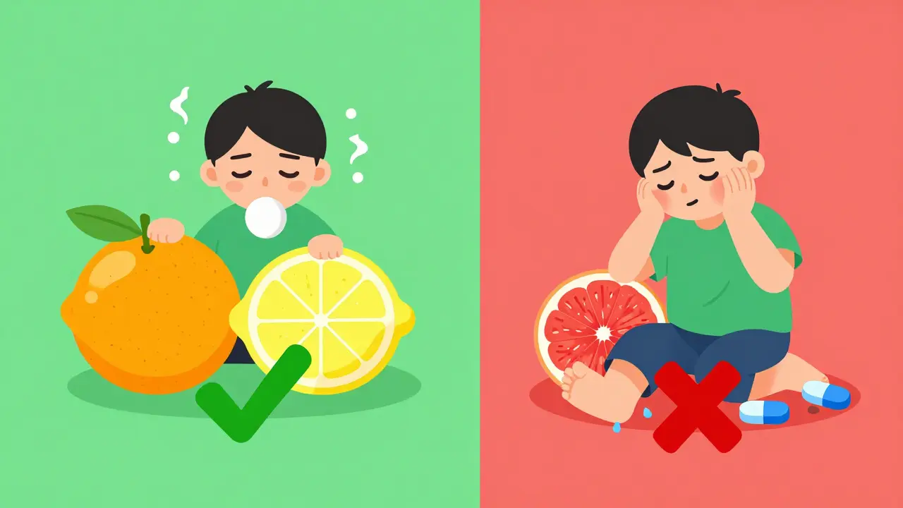 Split illustration comparing safe and dangerous drug-food interactions