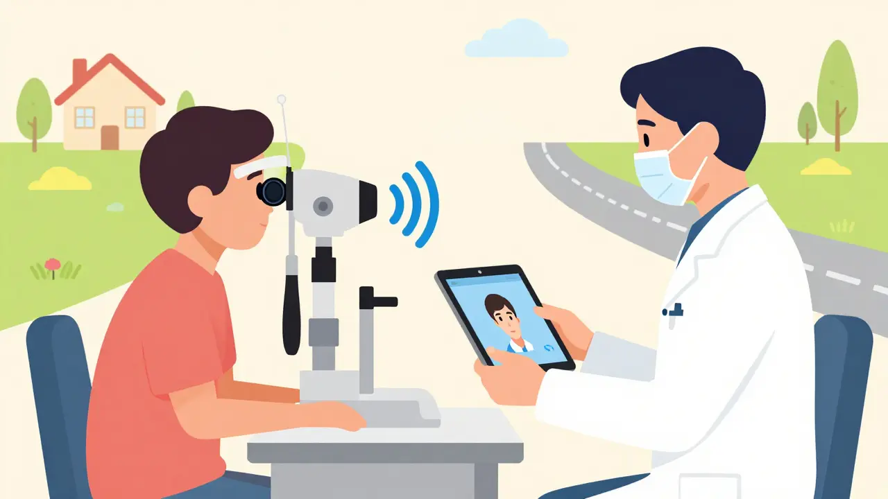 Teleophthalmology setup with nurse scanning patient's eye for remote specialist review