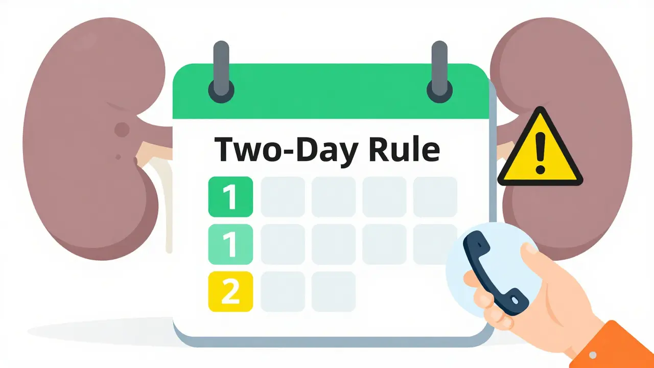 Calendar illustrating the two-day safety rule for medication use