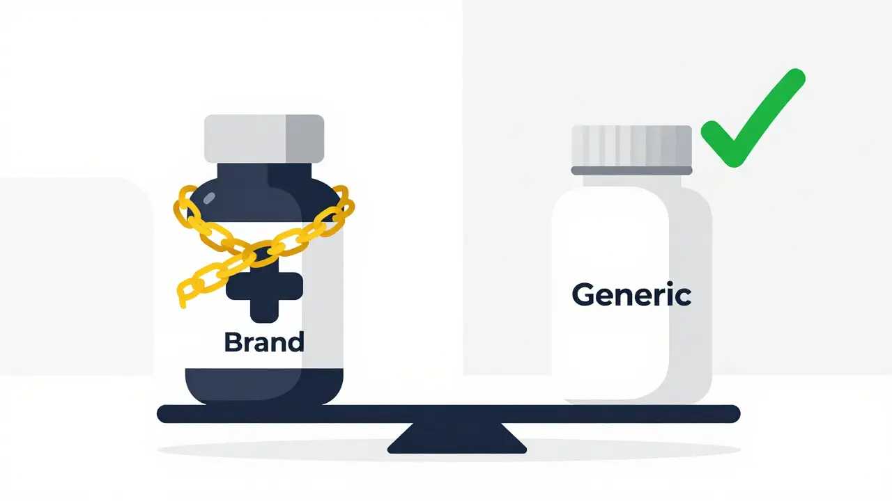 Comparison illustration showing generic medication as simpler and affordable