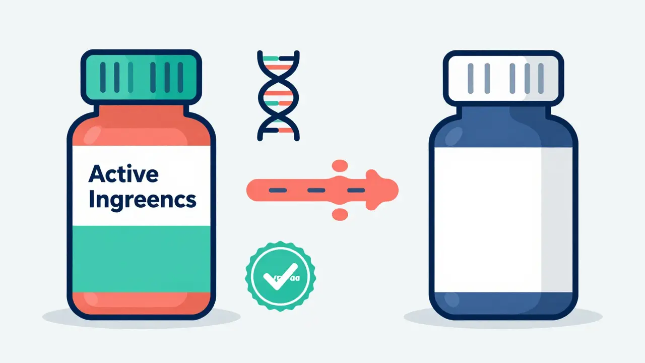 Comparison of brand and generic pills with science icons