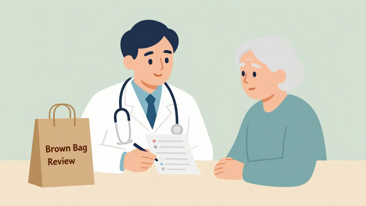 Doctor and patient reviewing meds in a brown bag