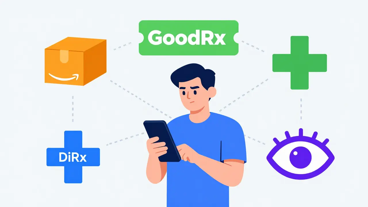 Flat illustration of person using smartphone to access various trusted pharmacy apps