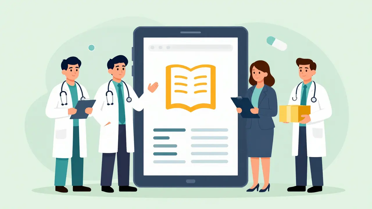 Healthcare team collaborating around a digital interface