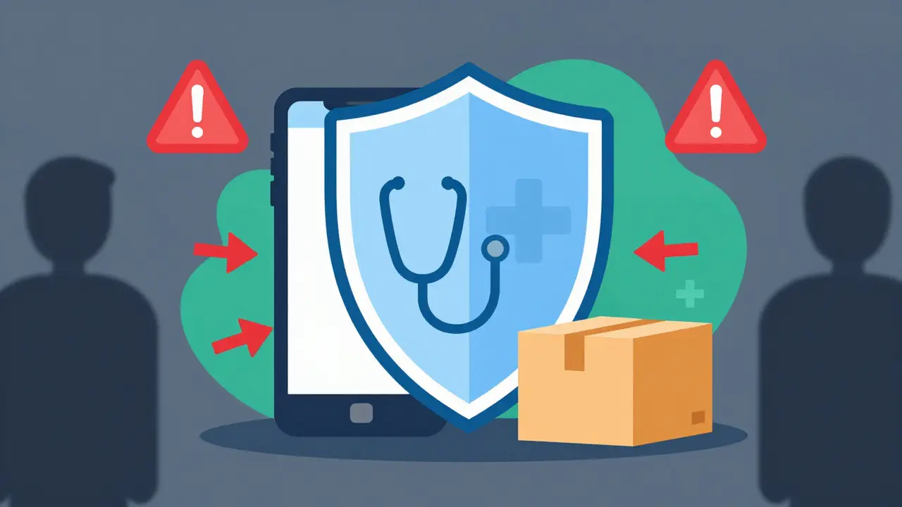 Shield protecting phone and package from fake online pharmacy threats