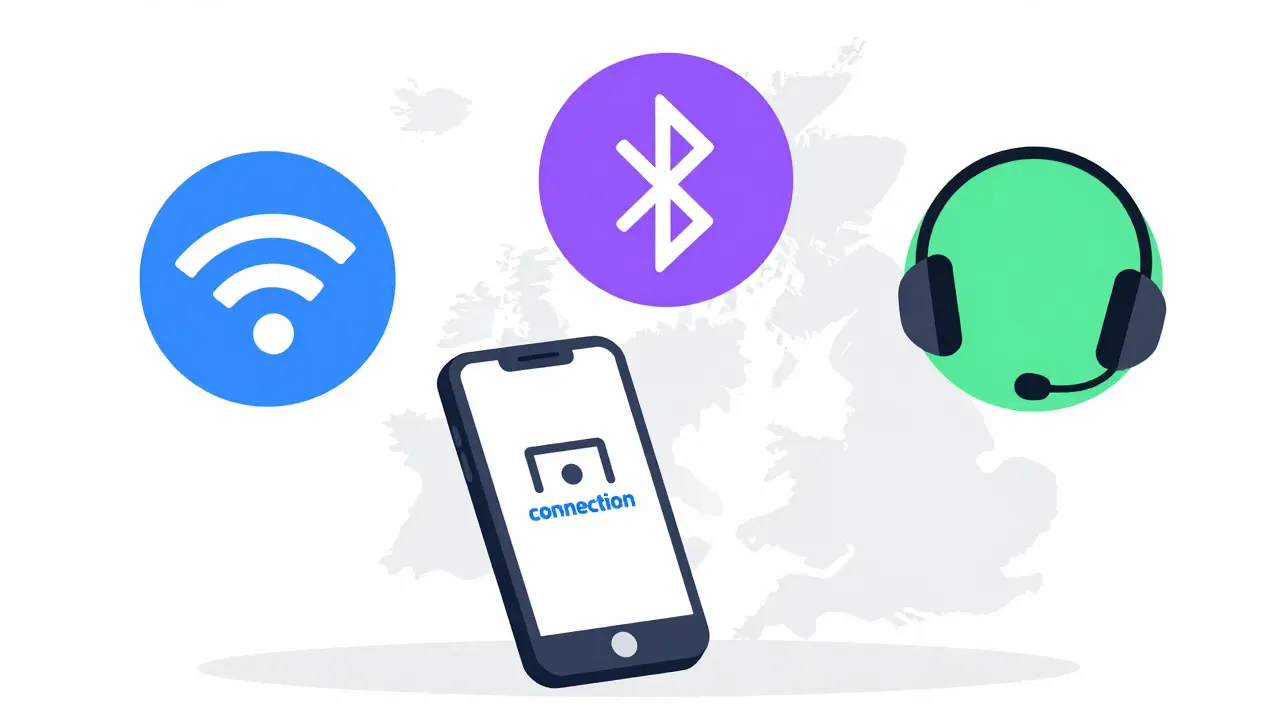 Smartphone with Wi-Fi and Bluetooth icons over UK map background