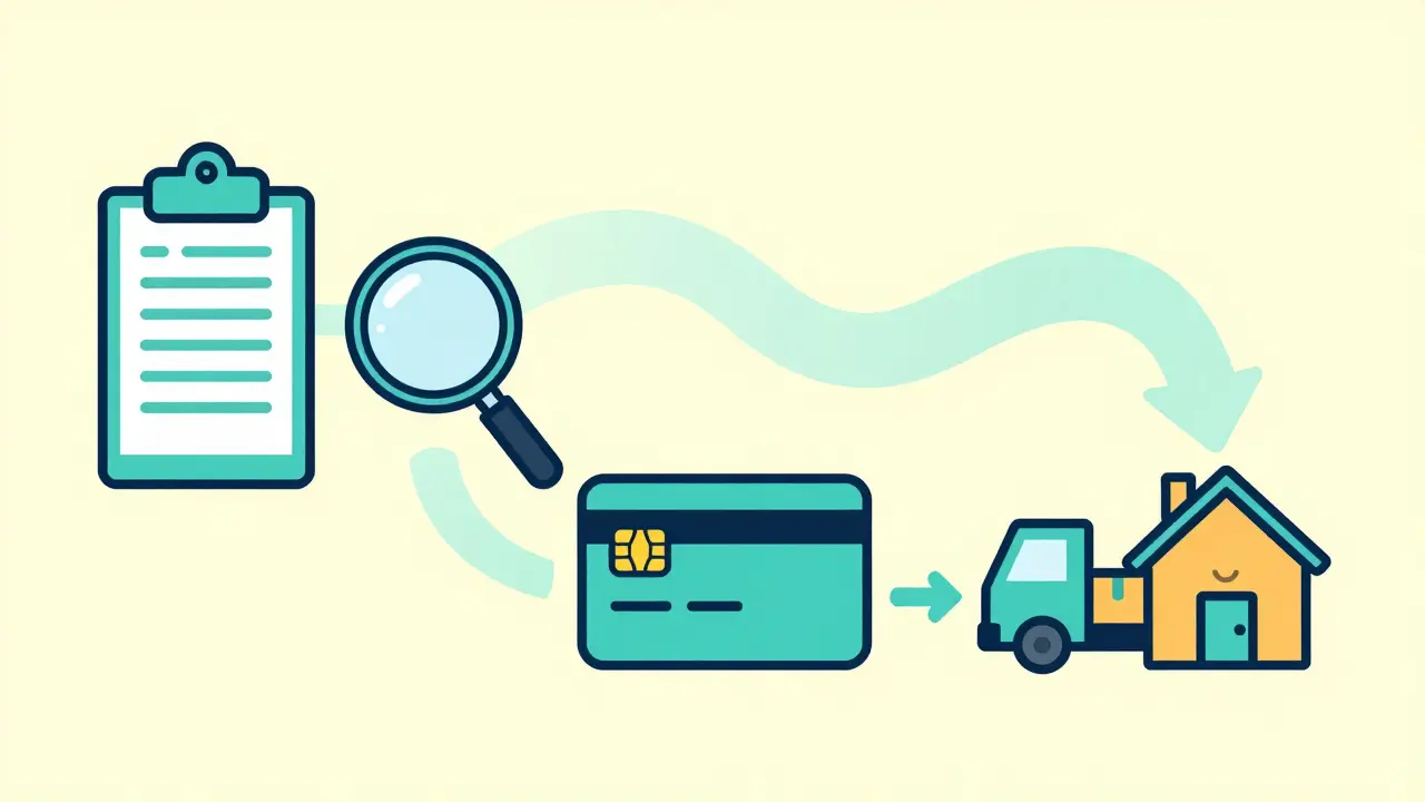 Step-by-step cartoon guide showing prescription, comparison, payment, and delivery
