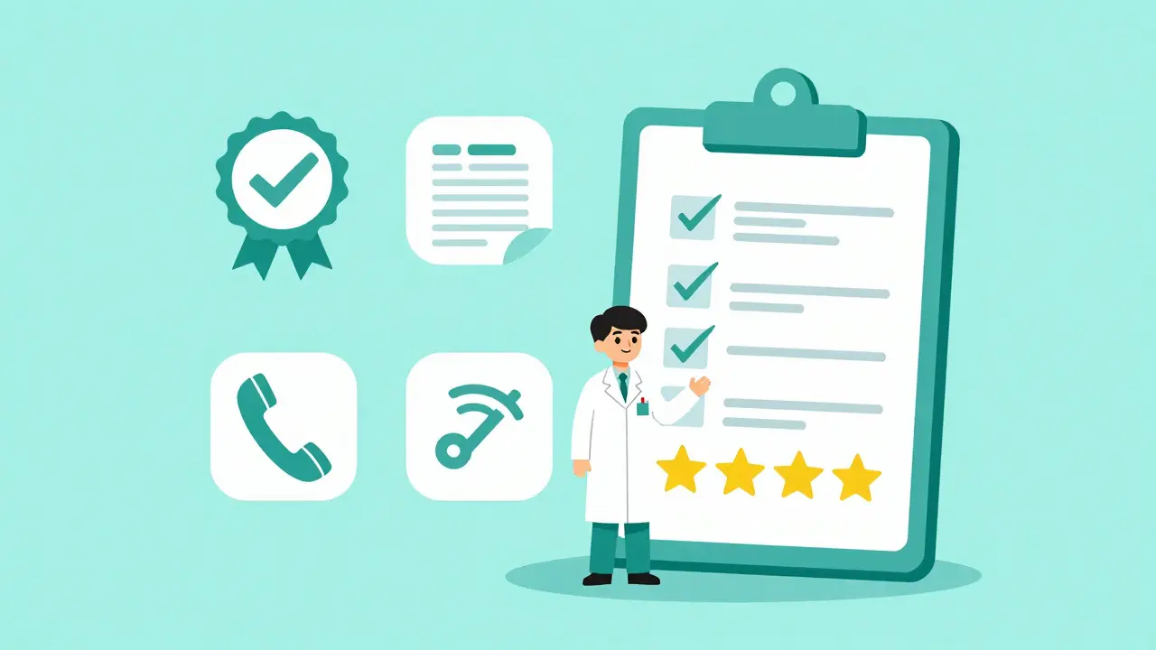 Cartoon pharmacist with checklist icons for verifying safe online pharmacy sources